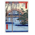 Footbridge over river with wisteria in foreground in full bloom