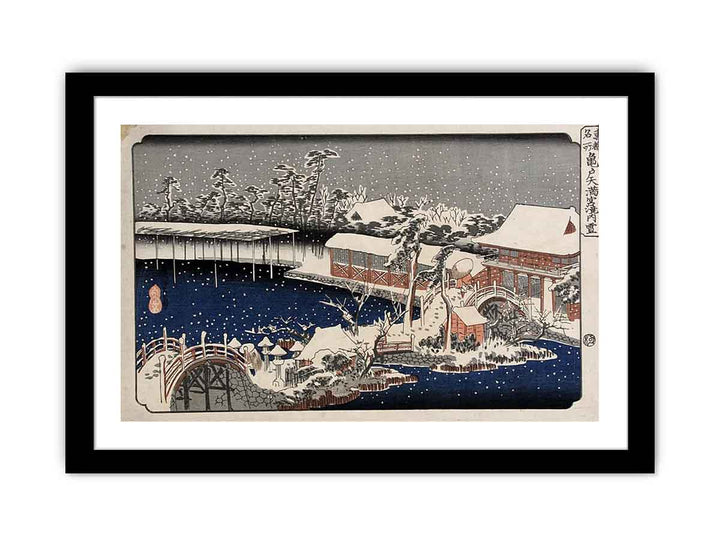 Snow at night a scene depicting a house river and ornamental garden under falling snow from the series 53 Stations of the Tokaido