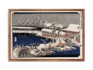 Snow at night a scene depicting a house river and ornamental garden under falling snow from the series 53 Stations of the Tokaido