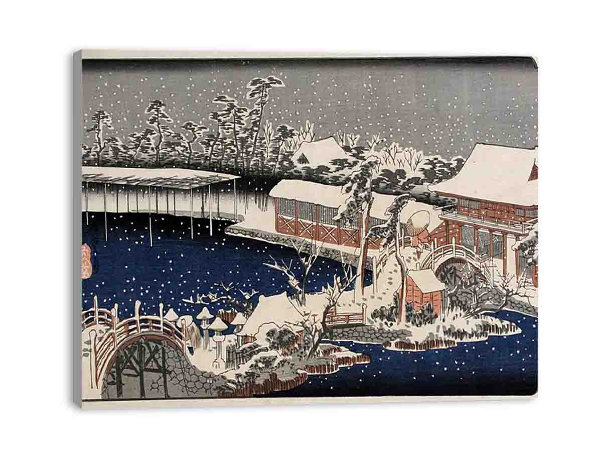 Snow at night a scene depicting a house river and ornamental garden under falling snow from the series 53 Stations of the Tokaido