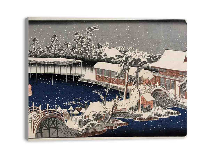 Snow at night a scene depicting a house river and ornamental garden under falling snow from the series 53 Stations of the Tokaido