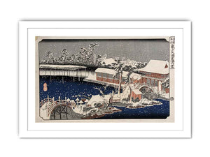 Snow at night a scene depicting a house river and ornamental garden under falling snow from the series 53 Stations of the Tokaido
