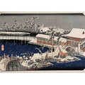 Snow at night a scene depicting a house river and ornamental garden under falling snow from the series 53 Stations of the Tokaido