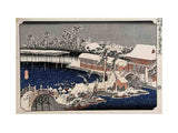 Snow at night a scene depicting a house river and ornamental garden under falling snow from the series 53 Stations of the Tokaido artwork preview