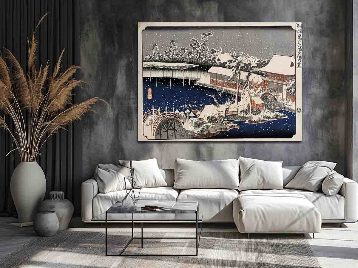 Snow at night a scene depicting a house river and ornamental garden under falling snow from the series 53 Stations of the Tokaido