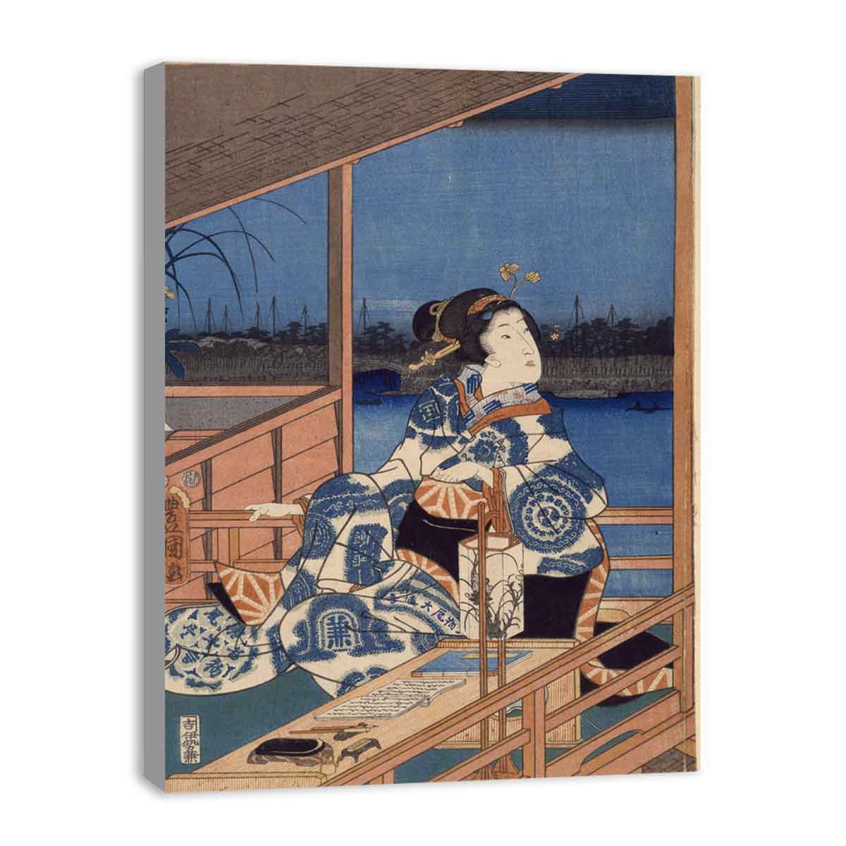 Moonlight View of Tsukuda with Lady on a Balcony