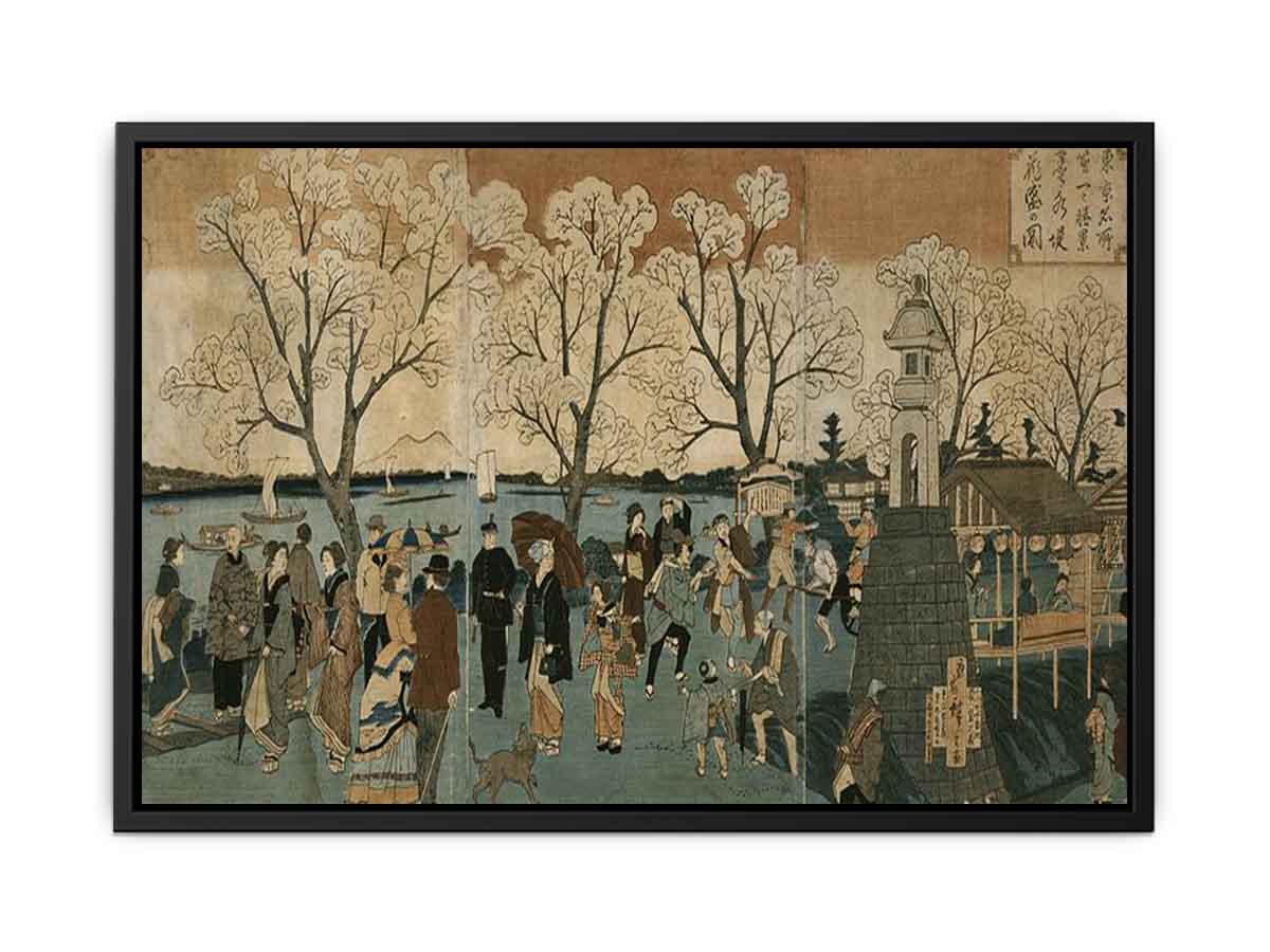 Japanese triptych print showing Japanese and foreign people walking along the Sumida River among cherry trees in full bloom