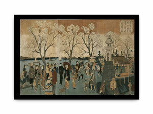 Japanese triptych print showing Japanese and foreign people walking along the Sumida River among cherry trees in full bloom