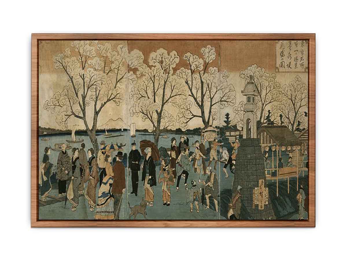 Japanese triptych print showing Japanese and foreign people walking along the Sumida River among cherry trees in full bloom