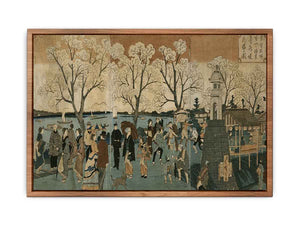 Japanese triptych print showing Japanese and foreign people walking along the Sumida River among cherry trees in full bloom