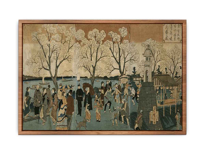 Japanese triptych print showing Japanese and foreign people walking along the Sumida River among cherry trees in full bloom