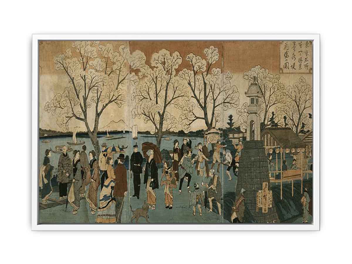 Japanese triptych print showing Japanese and foreign people walking along the Sumida River among cherry trees in full bloom