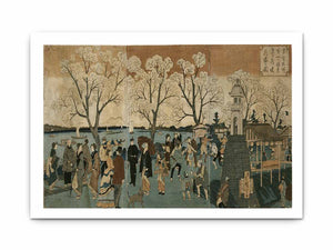 Japanese triptych print showing Japanese and foreign people walking along the Sumida River among cherry trees in full bloom