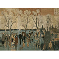 Japanese triptych print showing Japanese and foreign people walking along the Sumida River among cherry trees in full bloom