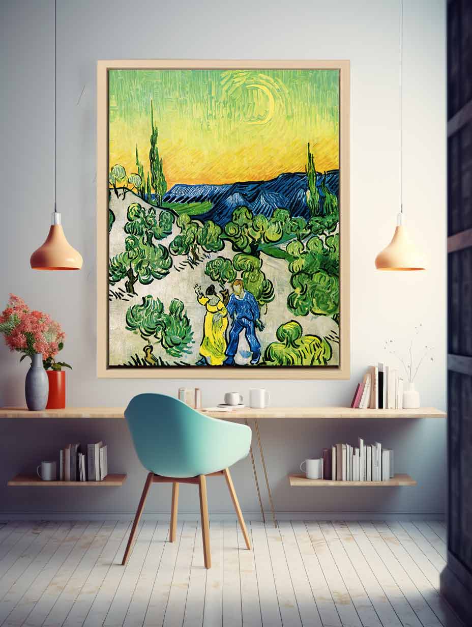 Couple In Olive tree with Crescent Moon Glish Painting By Vincent Van Gogh