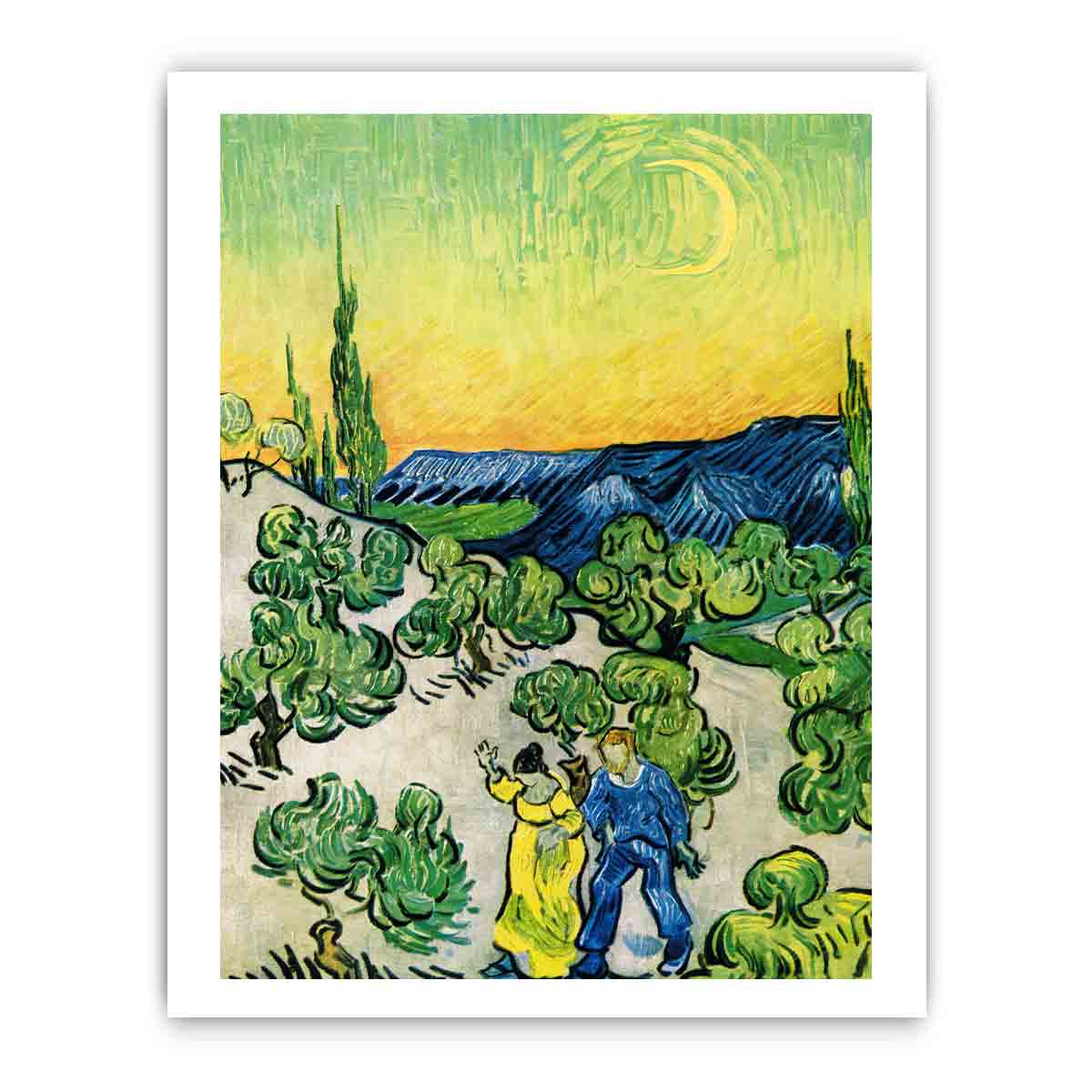 Couple In Olive tree with Crescent Moon Glish Painting By Vincent Van Gogh