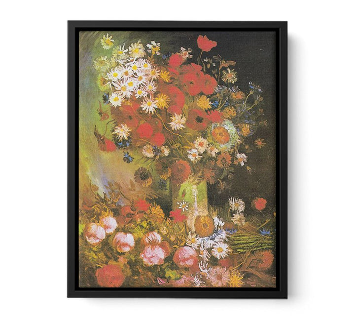 Vase with cornflowers and poppies, peonies and chrysanthemums