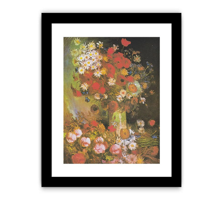 Vase with cornflowers and poppies, peonies and chrysanthemums