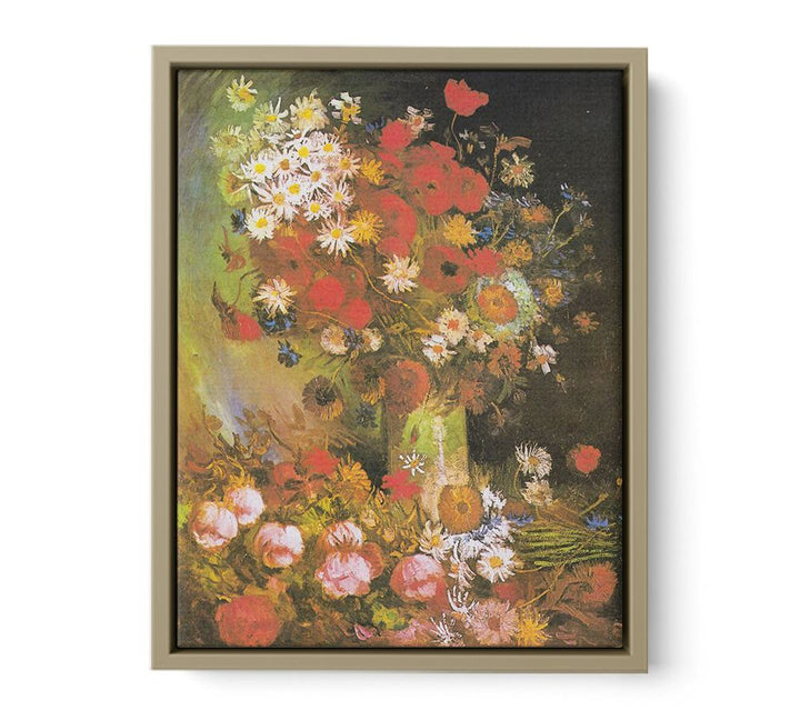 Vase with cornflowers and poppies, peonies and chrysanthemums