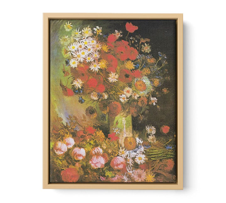 Vase with cornflowers and poppies, peonies and chrysanthemums
