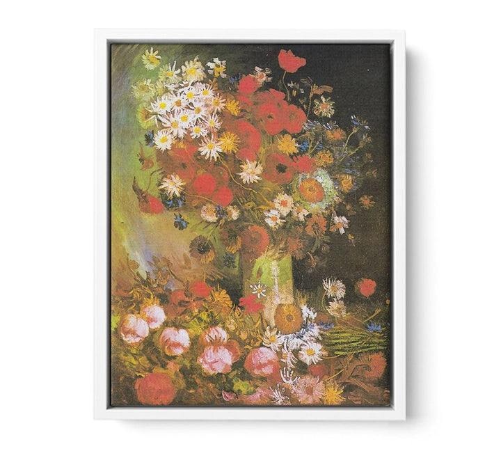 Vase with cornflowers and poppies, peonies and chrysanthemums