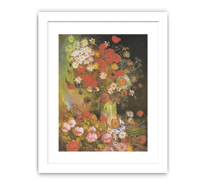 Vase with cornflowers and poppies, peonies and chrysanthemums