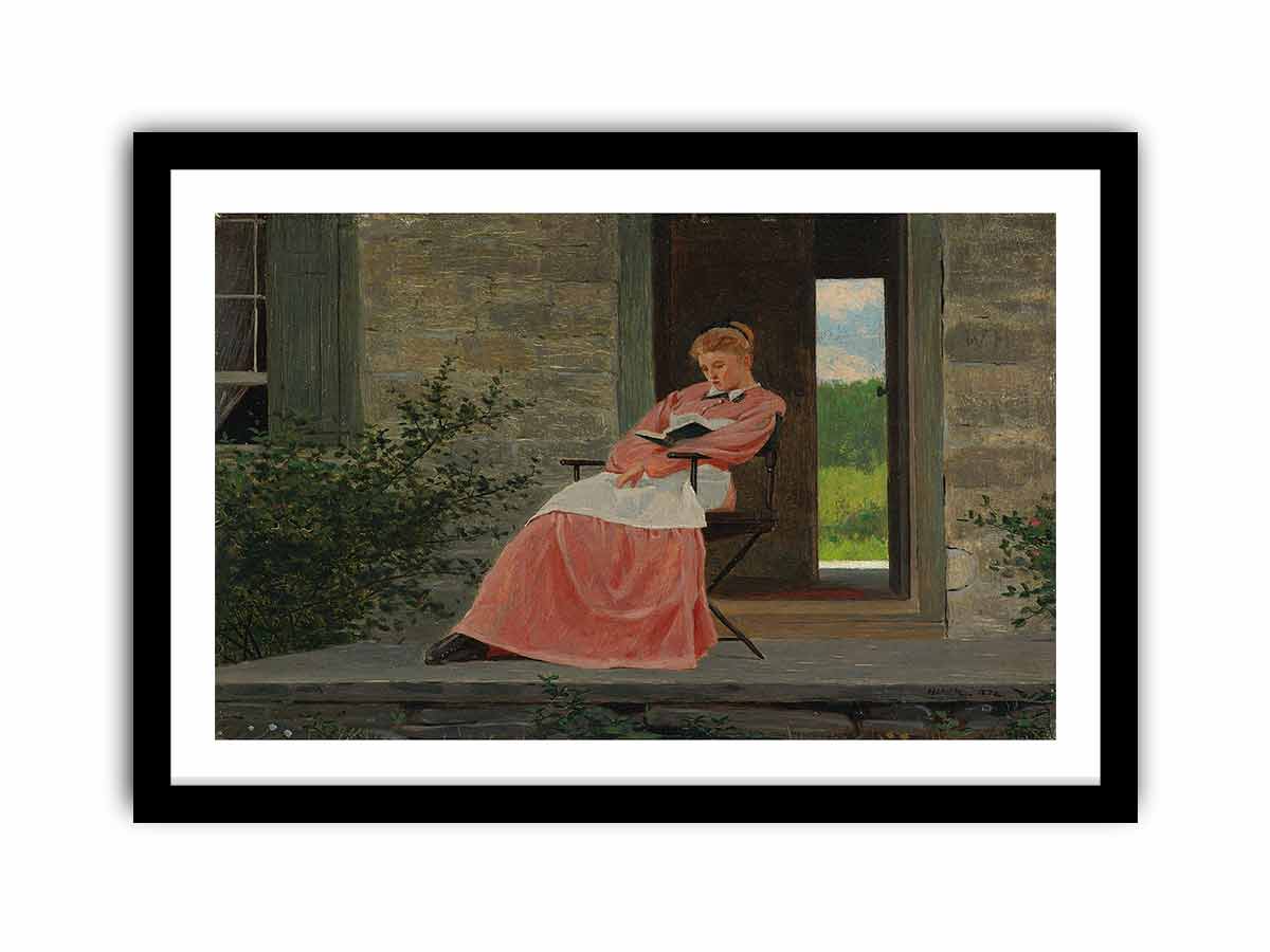 Girl reading on a stone porch