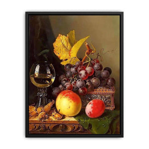 A Still Life of Black Grapes, a Peach, a Plum, Hazelnuts, a Metal Casket and a Wine Glass on a Carved Wooden Ledge