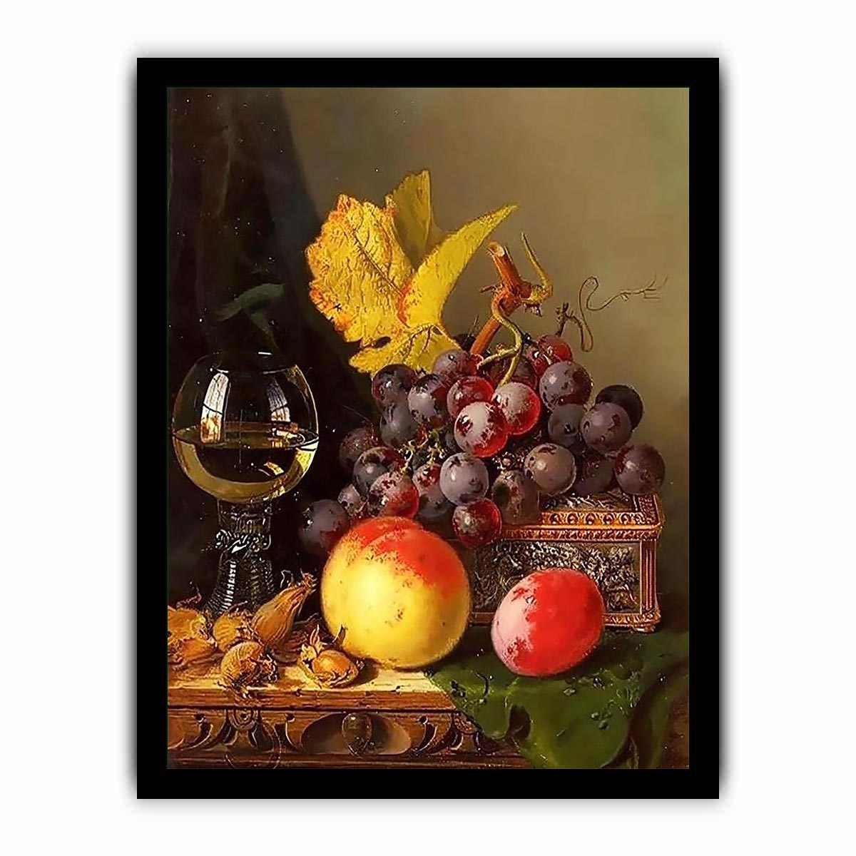 A Still Life of Black Grapes, a Peach, a Plum, Hazelnuts, a Metal Casket and a Wine Glass on a Carved Wooden Ledge