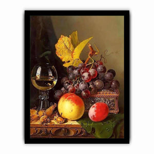 A Still Life of Black Grapes, a Peach, a Plum, Hazelnuts, a Metal Casket and a Wine Glass on a Carved Wooden Ledge