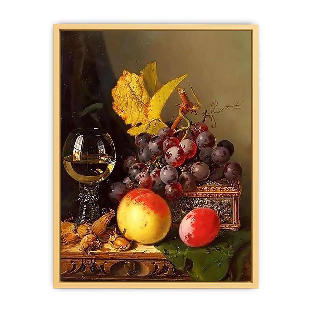 A Still Life of Black Grapes, a Peach, a Plum, Hazelnuts, a Metal Casket and a Wine Glass on a Carved Wooden Ledge