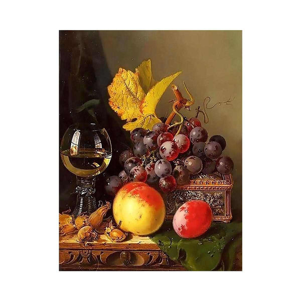 A Still Life of Black Grapes, a Peach, a Plum, Hazelnuts, a Metal Casket and a Wine Glass on a Carved Wooden Ledge