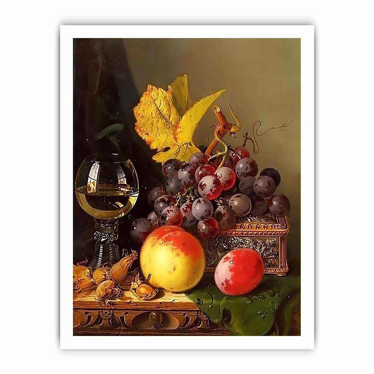 A Still Life of Black Grapes, a Peach, a Plum, Hazelnuts, a Metal Casket and a Wine Glass on a Carved Wooden Ledge