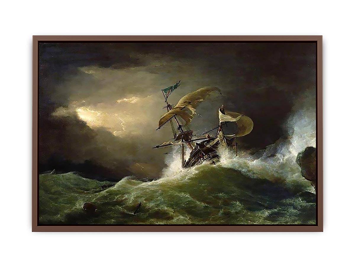 A First rate Man-of-War driven onto a reef of rocks, floundering in a gale