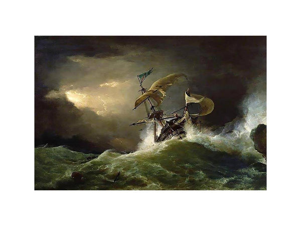 A First rate Man-of-War driven onto a reef of rocks, floundering in a gale