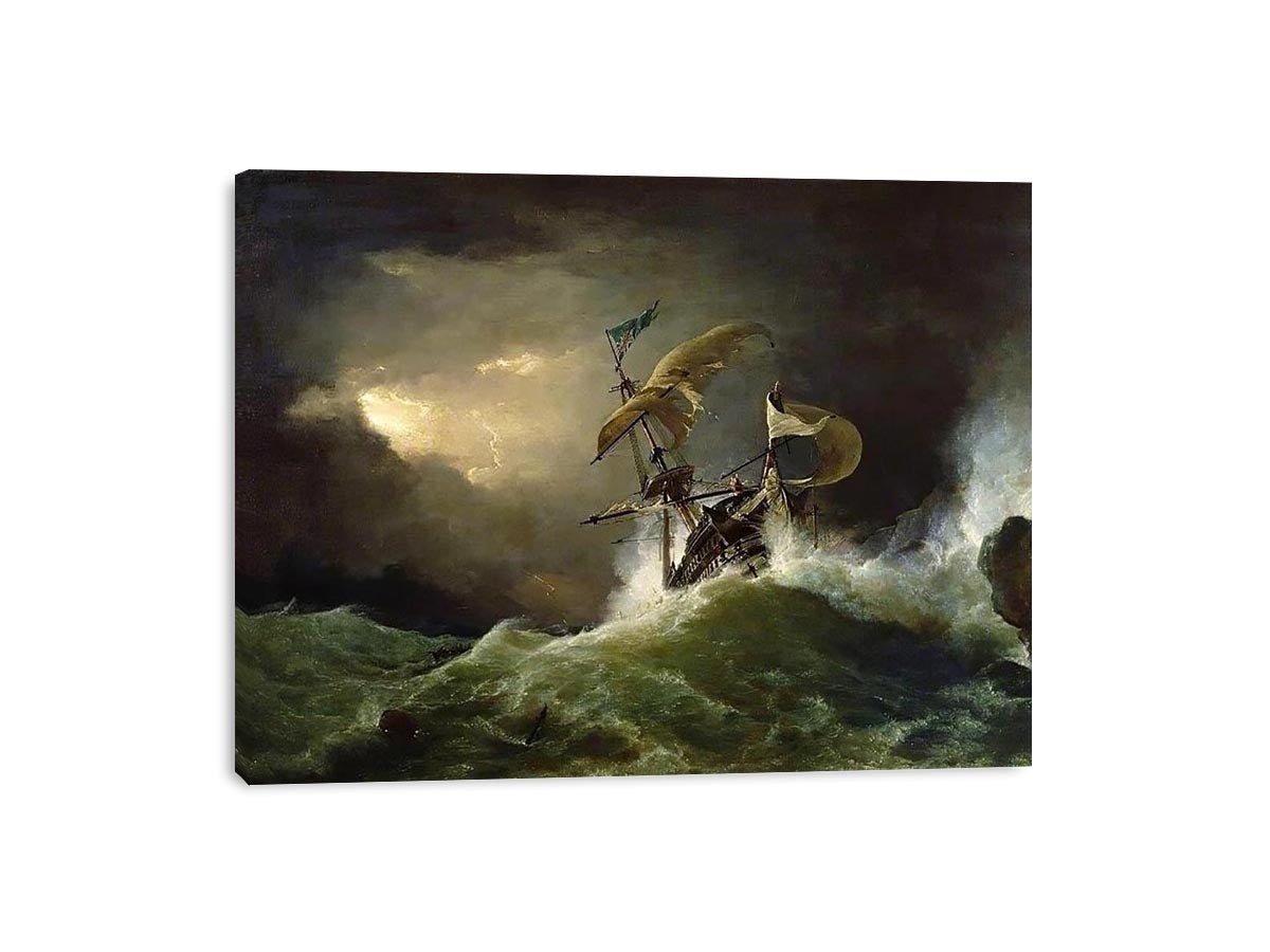 A First rate Man-of-War driven onto a reef of rocks, floundering in a gale