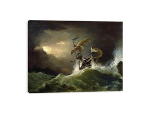 A First rate Man-of-War driven onto a reef of rocks, floundering in a gale