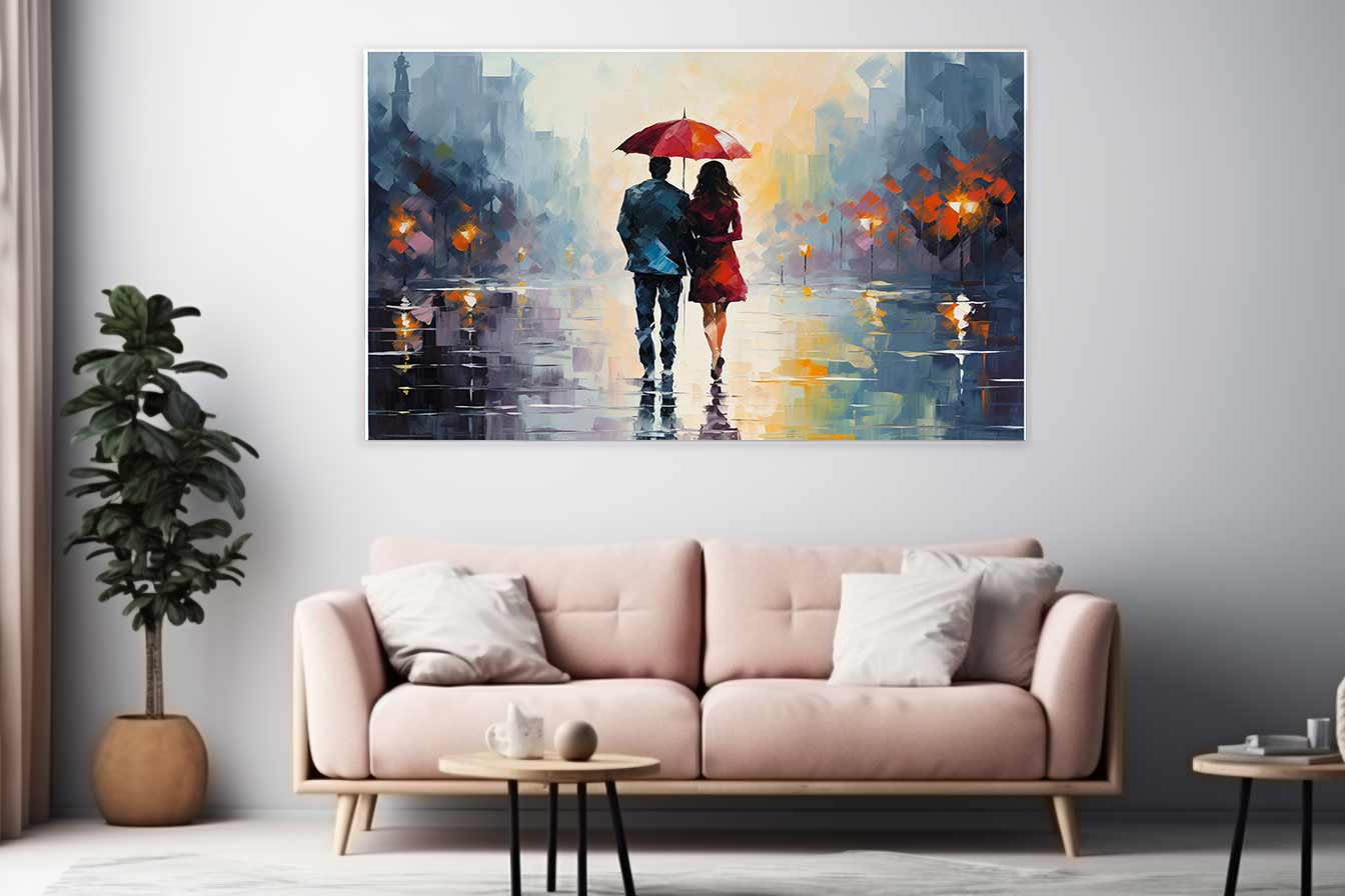 Man Woman walking under  Umbrella