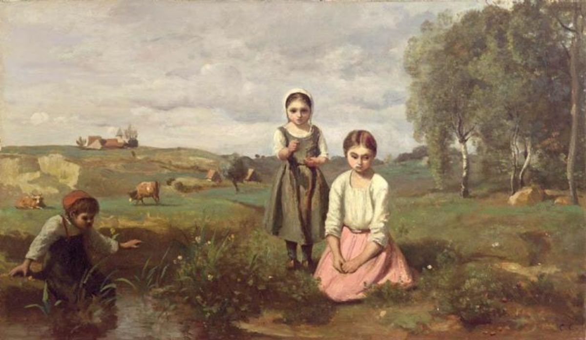 Children beside a brook in the countryside, Lormes 