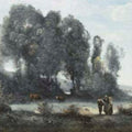 Groupe d'arbres au bord d'un etang avec trois campagnards debout et deux vaches (environs de Ville d'Avray) 