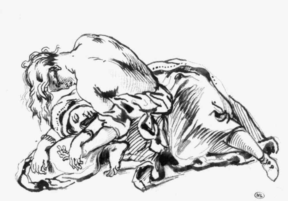 Yound Woman Leaning over a Woman Stretched out on the Ground 1840 Painting 