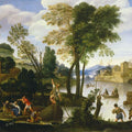 An Italianate River Landscape with Poling Boatman and a Woman with a Basket of Crabs Painting by Domenico Zampieri