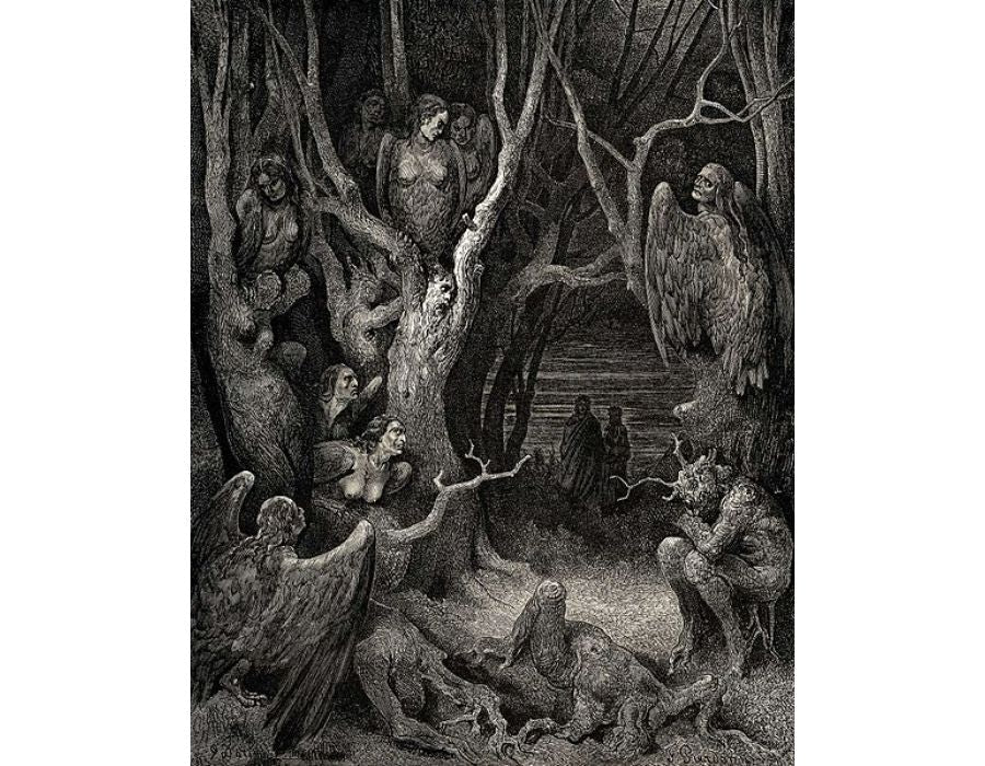 The Inferno, Canto 13, lines 11: Here the brute Harpies make their nest 