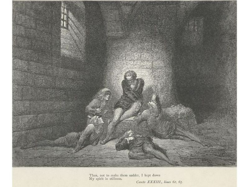 The Inferno, Canto 33, lines 62-63: Then, not to make them sadder, I kept down My spirit in stillness. 