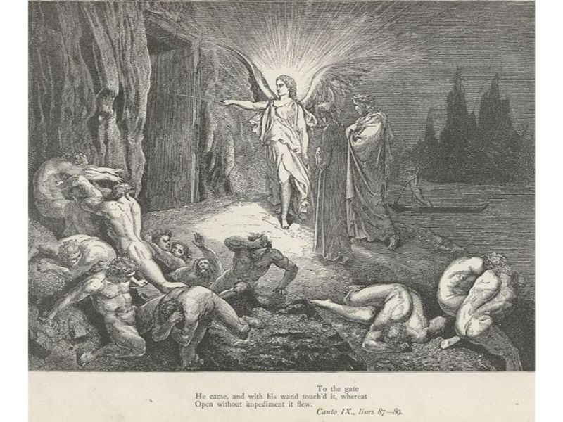 The Inferno, Canto 9, lines 87-89: To the gate He came, and with his wand touch’d it, whereat Open without impediment it flew. 