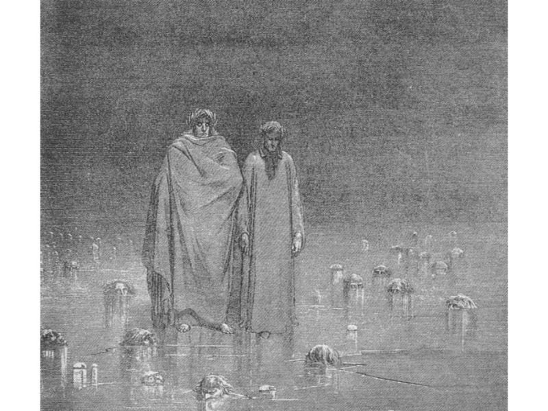 The Inferno, Canto 32, lines 20-22: “Look how thou walkest. Take Good heed, thy soles do tread not on the heads Of thy poor brethren.” 
