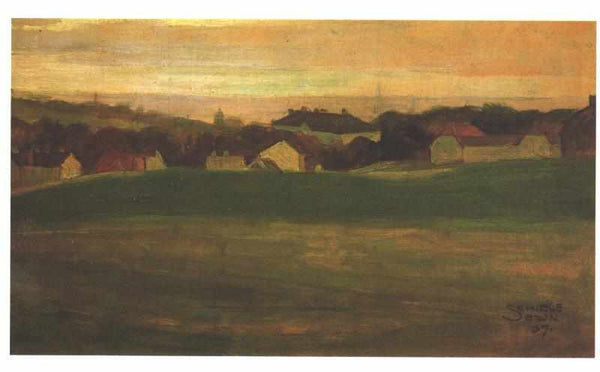 Wiese mit Dorf im Hintergrund II Painting by Egon Schiele