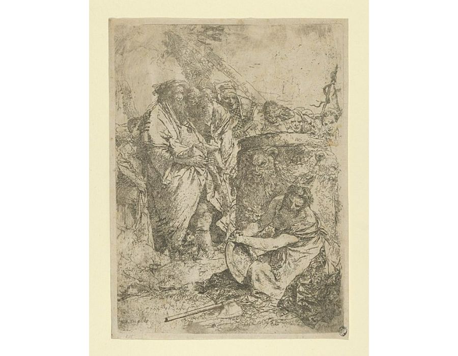 Woman kneeling in front of Magicians and other Figures, from Scherzi 