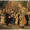 Religious procession in an oak forest. Appearance of the icon 