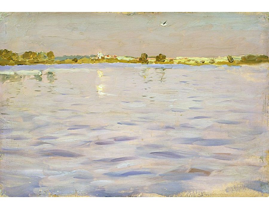 The last rays of the sun. A lake. Painting 